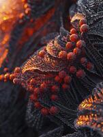 Intricate Patterns of Frosted Leaves with Vibrant Red Berries Illuminated by Warm Light in a Frosty Environment Showcasing Nature's Beauty and Complexity photo