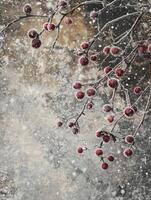 Frosted Red Berries on Branches Surrounded by Snowflakes and Glittering Frost in a Wintry Landscape with Soft Blurred Background photo