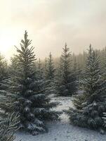 Snow-Covered Evergreen Forest at Dawn with Soft Light Filtering Through a Wintry Landscape, Creating a Serene and Peaceful Atmosphere in Nature photo