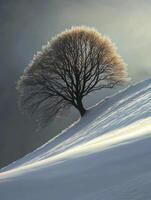 Solitary Tree on a Snowy Hill with Dramatic Lighting and Frosty Branches Against a Softly Clouded Background in a Winter Landscape photo