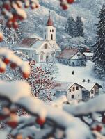 Serene Winter Landscape with a Snow-Covered Village and Church Amidst a Snowy Forest and Red Berries, Capturing the Beauty of Winter in a Peaceful Setting photo