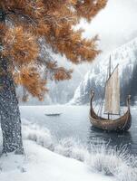 Serene Winter Landscape with Traditional Viking Ship Sailing Through Snowy Forest and Mountain Reflecting in Calm Water Under Soft Flurries of Snow photo