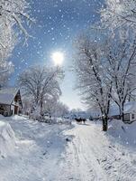 Enchanting Winter Landscape with Snow-Covered Trees, Sunlight Glimmering, and a Horse-Drawn Scene in a Picturesque Rural Setting photo