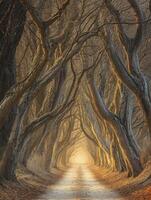 Ethereal Forest Pathway Surrounded by Gnarled Trees Illuminated by Soft Glowing Light, Inviting Exploration in a Magical Woodland Setting During Twilight Hours photo