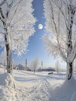 Majestic Winter Landscape with Snow-Covered Trees, Moonlit Sky, and a serene Pathway through a Quaint Village, Evoking Peace and Tranquility in a Winter Wonderland photo