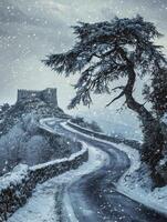 Serene Winter Landscape Featuring Snow-Covered Road and Ancient Castle on Hilltop Surrounded by Evergreen Trees Under Soft Snowfall photo