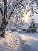 Serene Winter Landscape with Snow-Covered Homes and Glowing Sunlight in a Tranquil Village Setting, Featuring Trees Dusting in Snowfall photo