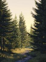 Serene Forest Pathway with Sunlit Trees and Gentle Breeze Captured in Early Morning Light, Inviting Nature Lovers to Explore Tranquil Wilderness photo