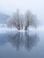 A tree is reflected in the water on a foggy day photo
