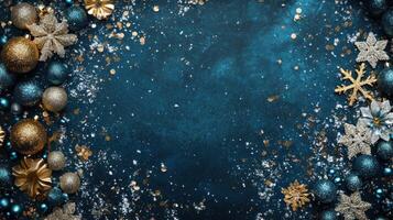 Blue and Gold Ornaments with Snowflakes Background photo