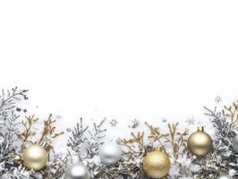 Frosted Greenery with Blue Flowers on White Background photo