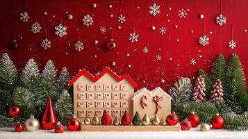Festive Advent Calendar Display with Charming Ornaments Against a Red Background Covered in Snowflakes and Decorated with Holiday Trees and Decorations photo