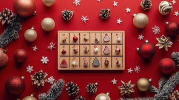 Festive Advent Calendar with Christmas Ornaments and Snowflakes on a Red Background, Surrounded by Holiday Decorations and Natural Elements photo