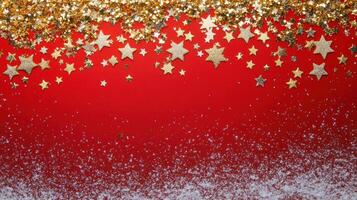 Festive Red Background with Shimmering Gold Stars and Light Snow Flakes Perfect for Holiday-Themed Text or Design Elements in Your Project photo