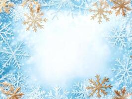 Delicate Blue and Gold Holiday Border with Scattered Snowflakes on a Blank White Center for Festive Text and Seasonal Greetings photo