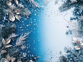 Blue and Silver Christmas Foliage with Scattered Snow on the Left Side and Blank Space on the Right for Text, Ideal for Holiday Designs and Greetings photo