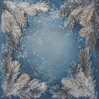 Elegant Arrangement of Blue Pine Branches Decorated with Silver Accents and Scattered Snowflakes Creating an Open Center for Text or Design Use photo