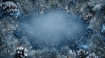 Elegant Blue Pine Branches Framed with Silver Decorations and Snow, Creating a Winter Wonderland Effect for Seasonal Text and Designs photo
