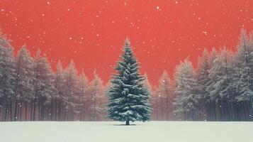 Stunning Christmas Tree Set Against a Blank Red Sky in a Snowy Forest, Capturing the Essence of Winter Magic and Holiday Cheer photo
