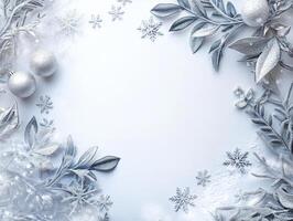 Elegant Christmas Arrangement with Silver Foliage and Gentle Snowflakes Creating a Blank Center Perfect for Holiday Text and Greetings photo