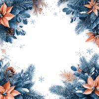Elegant Christmas Background with Blue Foliage and Flowers in Corners Featuring an Open White Center and Scattered Snowflakes for Festive Text Overlay photo
