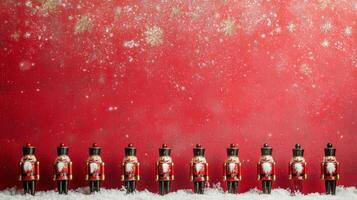 Charming Christmas Decor Featuring Nutcrackers on a Snowy Red Background with Scattered Snowflakes Creating a Festive Atmosphere photo
