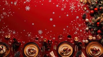 Festive Christmas Dinner Table Setting with Scattered Snowflakes on a Rich Red Background Creating a Cozy and Warm Holiday Ambience photo