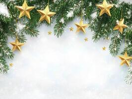 Festive Christmas Garland with Golden Stars on a Snowy Background Perfect for Holiday Greetings and Seasonal Text Overlay photo
