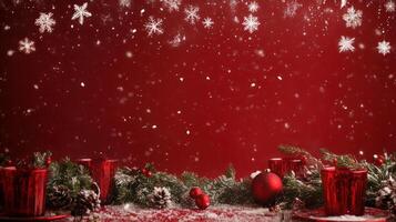 Festive Christmas Table Setup Featuring a Red Background with Scattered Snowflakes, Ideal for Celebrating the Holiday Season and Creating a Joyful Atmosphere photo