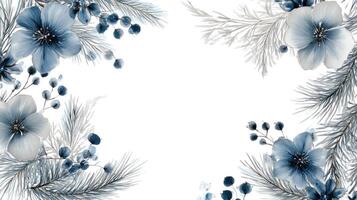 Elegant Christmas Arrangement Featuring Silver Pine Branches and Blue Flowers on a Blank White Center for Text Placement photo