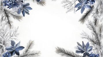Elegant Christmas Arrangement Featuring Silver Pine Branches and Blue Flowers Creating a Beautiful Frame with a Blank Center for Custom Text photo