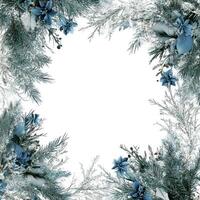 Elegant Christmas Arrangement Featuring Silver Pine Branches and Blue Flowers Surrounding a Blank White Center Perfect for Custom Text Display photo