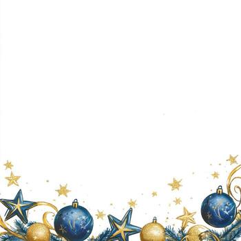 Festive Scene with Elegant Gold Stars and Blue Ornaments Creating a Cheerful Atmosphere with Blank Space Above for Custom Text or Messages photo