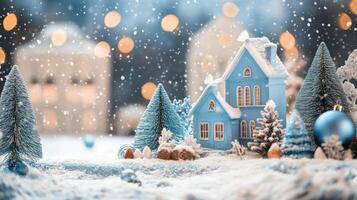 Enchanting Frosted Holiday Scene Featuring Blue Decor and Snow-Covered Landscape with Ample Space for Custom Text in a Winter Wonderland photo
