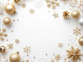 Elegant Gold Ornaments and Snowflakes on White Snowy Background for Holiday Celebration, Perfect for Winter-Themed Designs and Festive Decorations photo