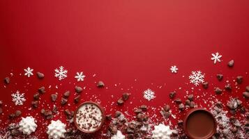 Cozy Hot Chocolate Bar Setup with Scattered Snowflakes on a Rich Red Background Perfect for Festive Text and Design Needs photo