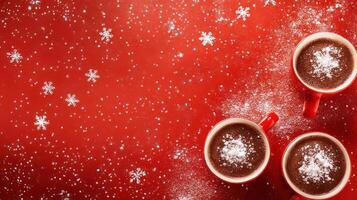 Warm and Cozy Hot Chocolate Bar Setup with Red Background and Scattered Snowflakes for Festive Holiday Atmosphere and Text Space photo