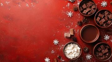 A Cozy Winter Setup Featuring Hot Chocolate Ingredients on a Rich Red Background with Scattered Snowflakes and Space for Custom Text photo