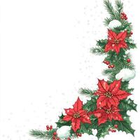 Decorative Christmas Border Featuring Poinsettia and Pine Elements with Snowflakes and Blank Space for Text photo