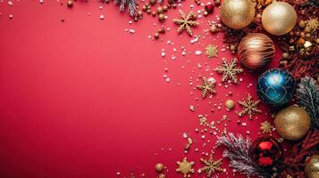 Vibrant Red Background with Elegant Gold and Red Ornaments, Snowflakes, and Decorative Elements for Festive and Holiday-Themed Design Projects photo