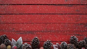 Rustic Christmas Decor Featuring Pinecones on a Snowy Red Wood Background with Empty Space for Text and Soft Falling Snowflakes photo