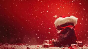Festive Scene Featuring Santas Bag Overflowing with Presents Against a Vibrant Red Background with Snowflakes Gently Falling in a Winter Wonderland Atmosphere photo