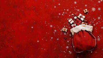 Festive Santa Bag Overflowing with Colorful Presents on a Rich Red Background with Elegant Snowflakes Scattered Throughout the Scene photo