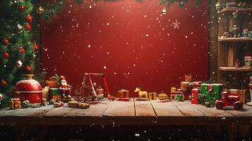 Festive Holiday Scene with Santa's Workshop Table Covered in Colorful Toys, Snowflakes, and a Red Background, Ideal for Christmas-Themed Projects and Designs photo