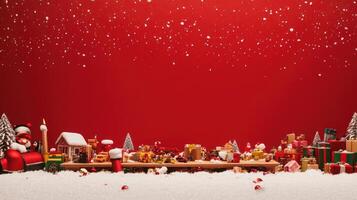 Festive Workshop Table Displaying Colorful Toys and Christmas Decorations Against a Blank Red Background with Snowflakes photo