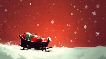 Festive Sleigh with Colorful Presents on Snowy Ground Under a Red Tinted Sky with Scattered Snowflakes for a Joyful Holiday Atmosphere photo