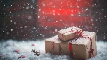 A Festive Scene of Presents on a Snowy Ground with a Tinted Red Background and Scattered Snowflakes in a Winter Wonderland photo