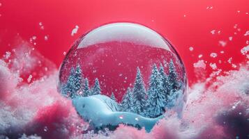 Captivating Snow Globe Featuring a Serene Winter Scene with Lush Pine Trees and a Dreamy Red Background Ideal for Holiday and Seasonal Projects photo
