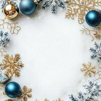 Sophisticated Christmas Layout with Gold Snowflakes and Blue Ornaments Framing a Blank Center Space for Custom Text and Holiday Messages photo
