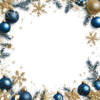 Elegant Christmas Layout Design Featuring Gold Snowflakes and Blue Ornaments to Create a Festive Border for Text Placement photo